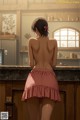 A woman in a pink skirt standing in a kitchen.