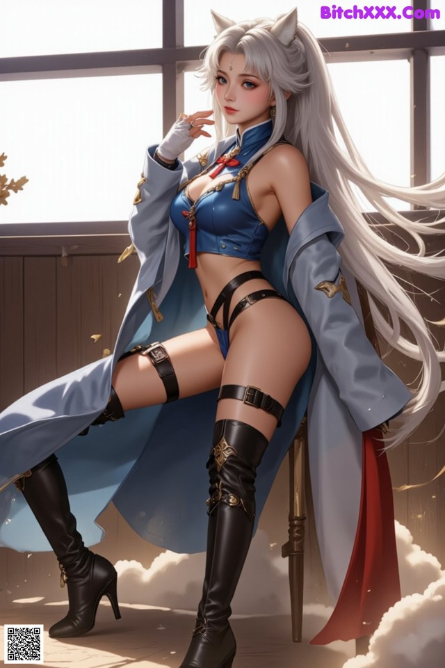 A woman in a blue outfit sitting on a chair.