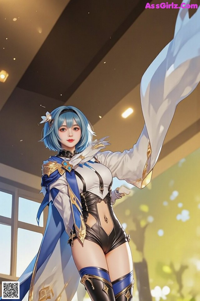 A woman in a white and blue outfit holding a white flag.