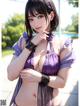 A woman in a purple lingerie posing for a picture.