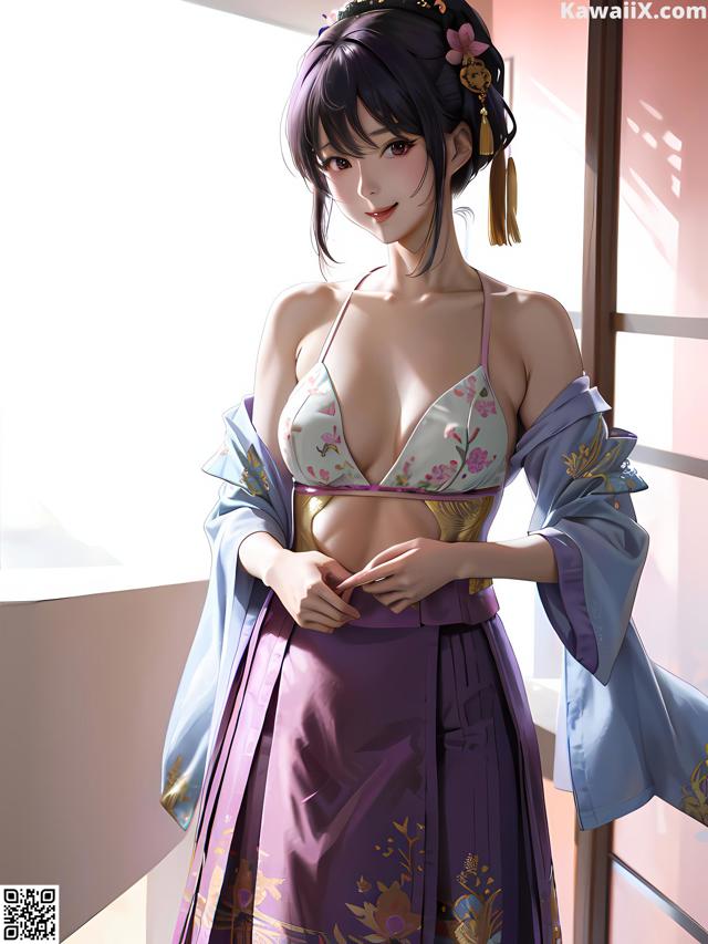 A woman in a purple kimono standing in front of a window.