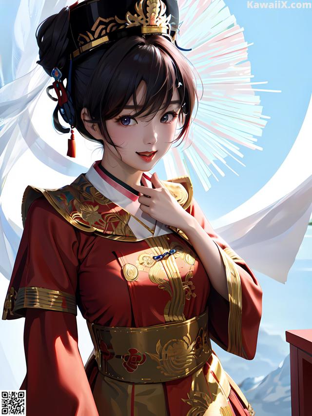 A woman in a red and gold dress holding a fan.