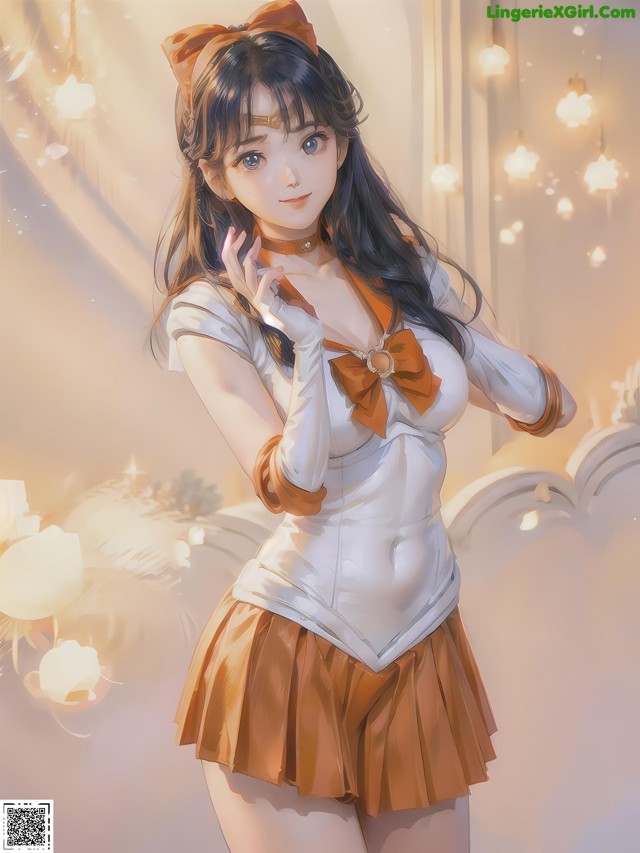 A girl in a white shirt and brown skirt posing for a picture.