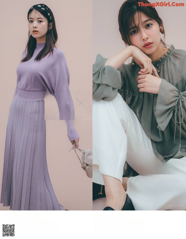 A woman in a purple sweater and white pants posing for a magazine.